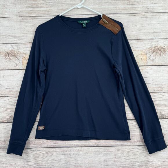 Lauren Ralph Lauren Shirt Womens XL Navy Blue Faux Suede Patches Shoulder Zip - Picture 1 of 10